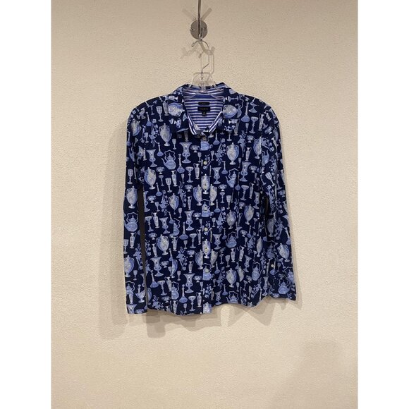 Talbots Shirt Womens 10 Navy Blue Non-Iron Porcelain Vase Print Button Front - Picture 2 of 5